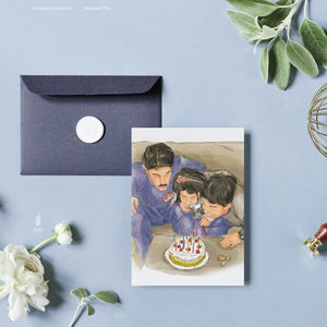 Arab family illustrated birthday card showing a father and two children leaning over a white cake with whipped cream and red cherries. Father wears blue knock-off Nike sweats, and the boy wears a CEIKO digital watch. Handwritten labels highlight details like ‘Dad’s knock off Nike Sweats,’ ‘Cherries that no one eats,’ and ‘Gateaux Nabil Fancy Cake.’ Card sits on a brown envelope with wax seal and dried flowers. Arab family gift, birthday card, nostalgic design.