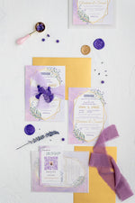 تحميل الصورة في عارض المعرض، Wedding Invitation Suite Lavender Gold Envelope Geometric RSVP QR Code Vellum 
