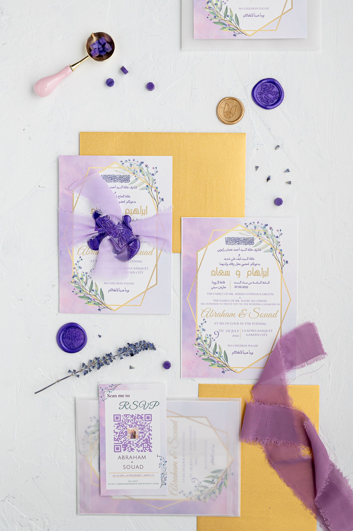 Wedding Invitation Lavender Gold Envelope Geometric RSVP QR Code Vellum 